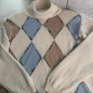 Vintage 1990s Argyle Diamond Pattern Cream Turtleneck Sweater Size Large Retro